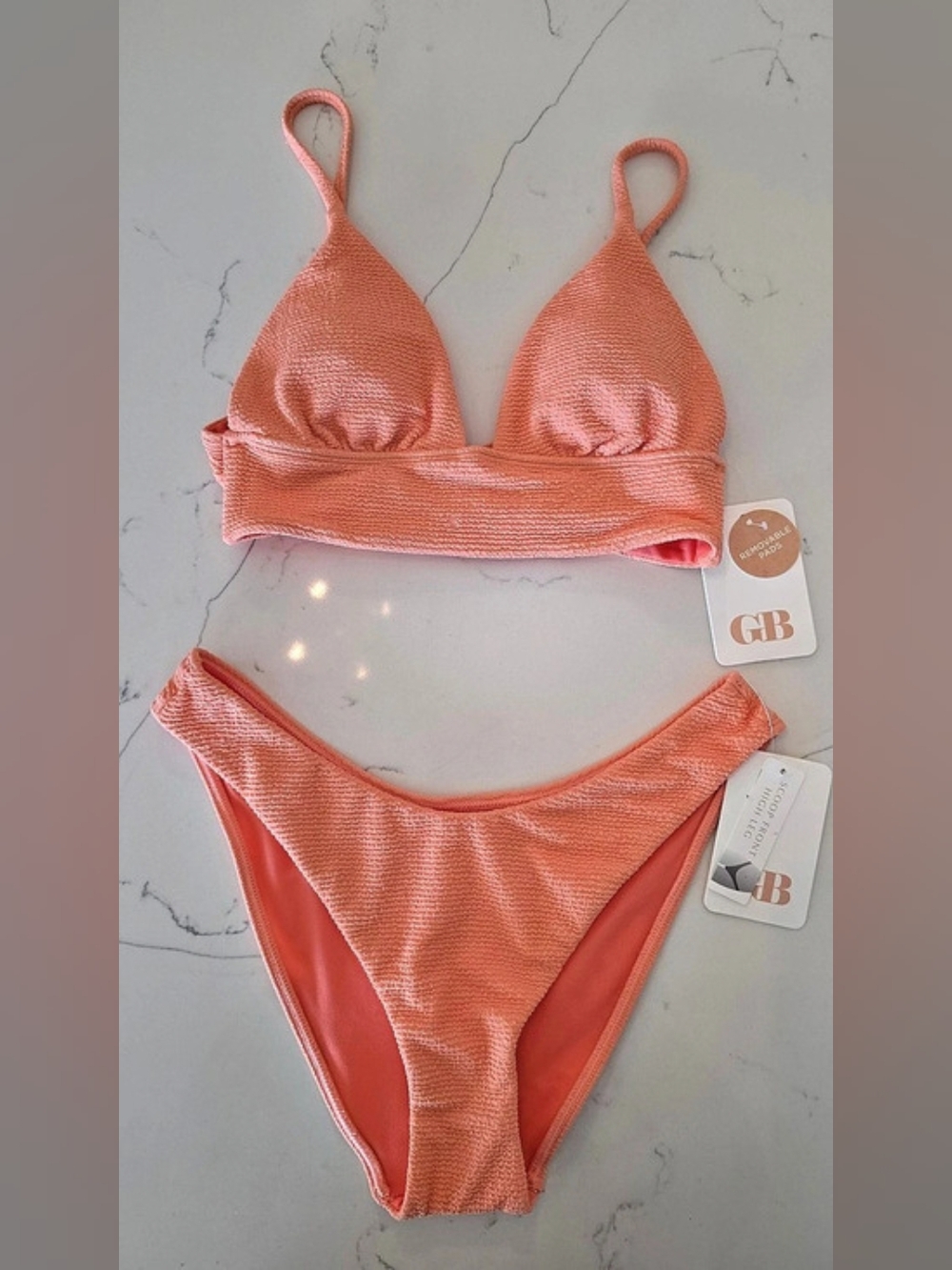 NWT Gianni Bini Coral Orange Crinkle Bikini Mismatch Set Womens Top XS Bottom S